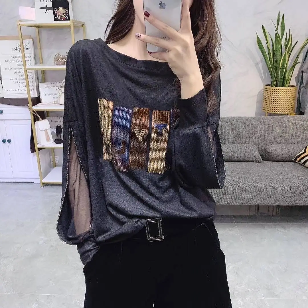 Tee Black Tshirt Loose Rhinestone Clothing Glitter Sequin Woman T-shirt Mesh Top For Women Offer High Quality 2024 Polyester O