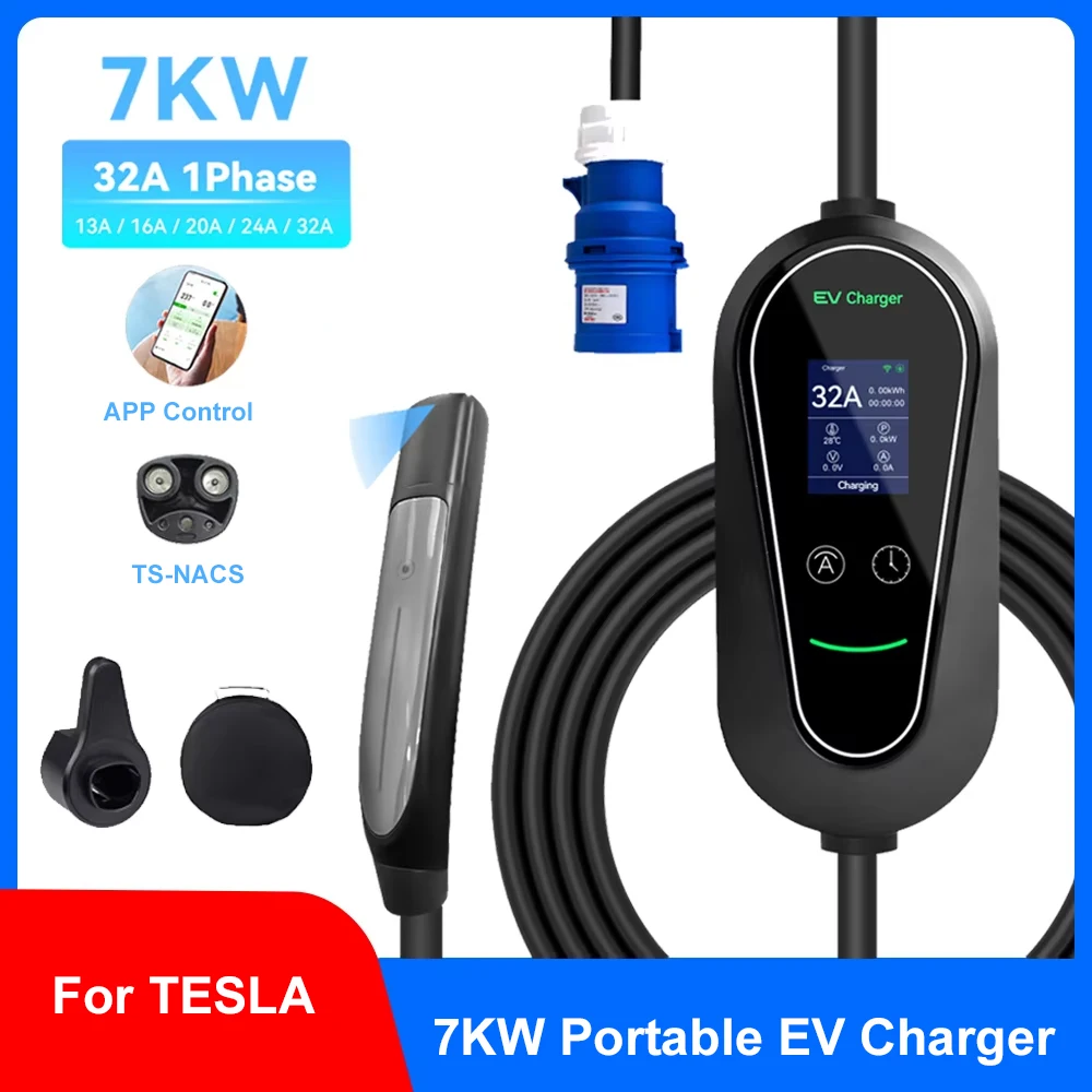 

Portable For Tesla EV Chargers 32A 1Phase 7kW Wallbox EVSE Current Adjustable WIFI APP Control Electric Car Charging Accessories