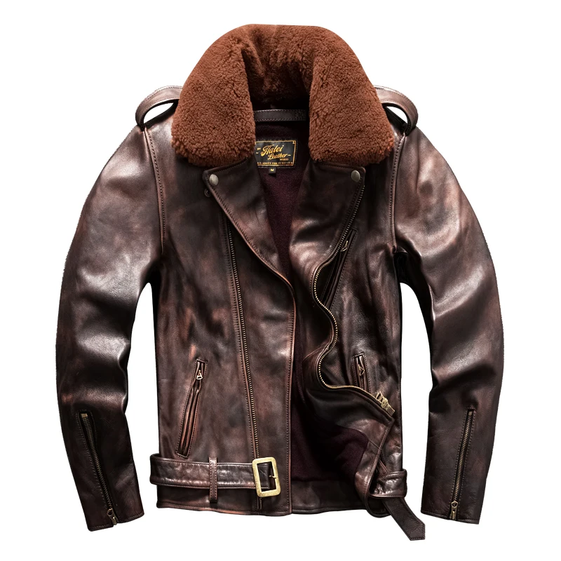 Red Brown Winter Leather Jacket Men Retro Style Plus Size 5XL Genuine Natural Cowhide Turn-Down Collar Motorcycle Sports Coat