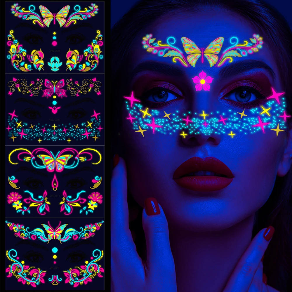 4/8pcs Fluorescent Glitter Face Tattoo Sticker Neon UV Glow Waterproof Temporary Body Tattoos Party Night Club Makeup Decor