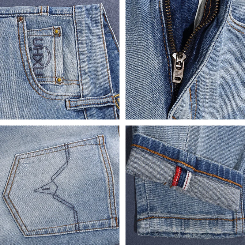 

High street designer fashion new jeans print embroidery washed nostalgic elastic washed perforated light blue jeans Y2K