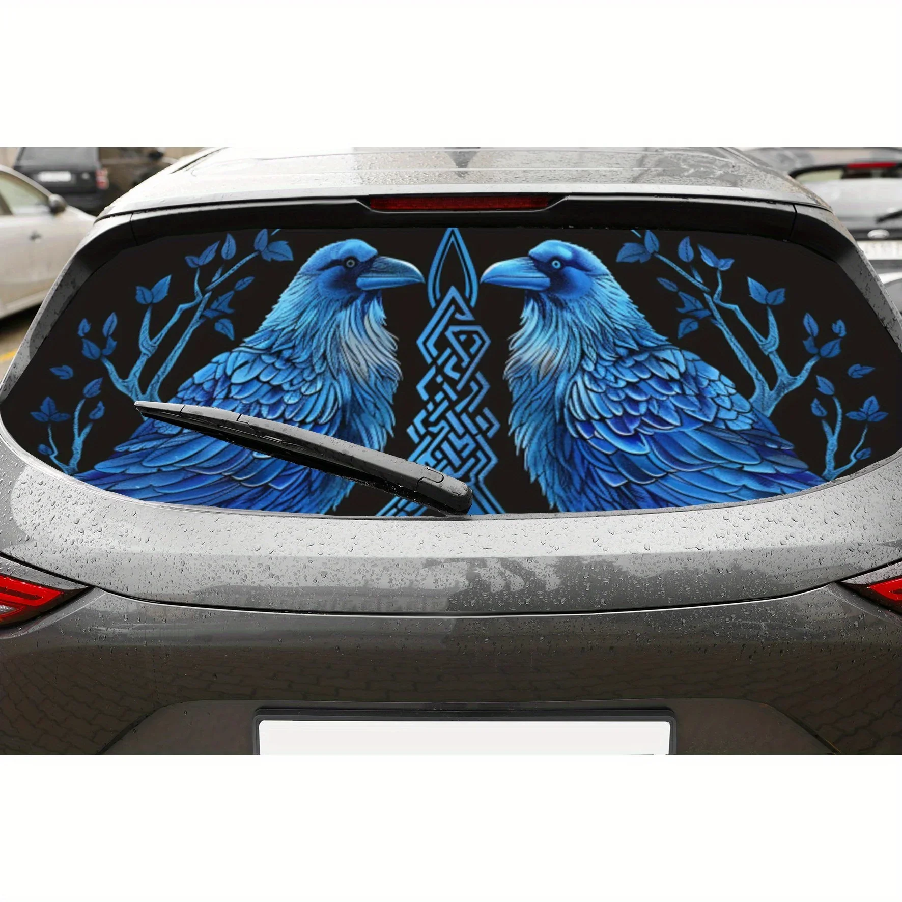 Blue Ravens Celtic Print PVC Perforated Car Vinyl Wraps, Durable Car Rear Windshield Sticker, Waterproof Car Rear Window Decal,