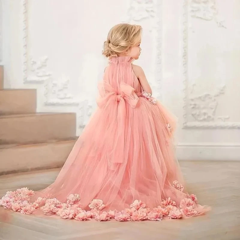 New Pink Fashion Toddler Princess Flower Girl Dresses Bow Pleat Communion Birthday Pageant Robe Gowns