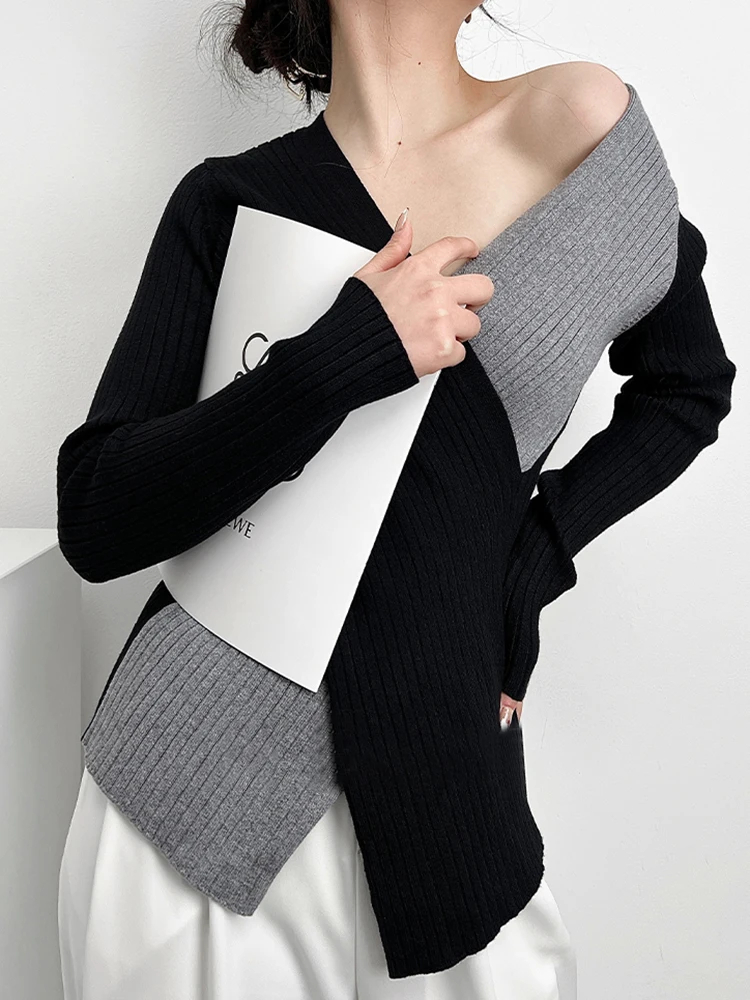 TWOTWINSTYLE Slim Knitting Irregular Sweater For Women V Neck Long Sleeve Solid Minimalsit Pullover Female Clothing 2022 Fashion