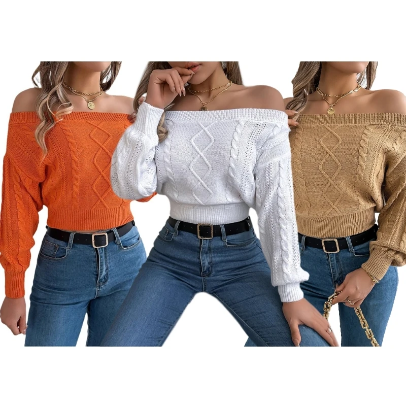 95AB Maglione pullover elegante a maniche lunghe con spalle scoperte, unita, maglione corto lavorato a maglia a trecce,