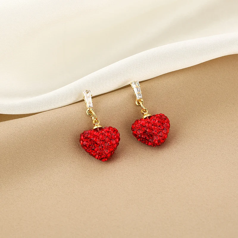 Delicate Red Heart Sweet Cute Personality Rhinestone Earrings Women\'s Daily Party Gift Fashion Jewelry
