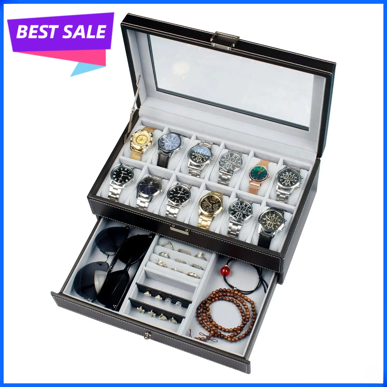 

Кейс для хранения часов из синтетической кожи на 12 слотов с замками, двойным слоем и выдвижными ящиками, сверхпрочный