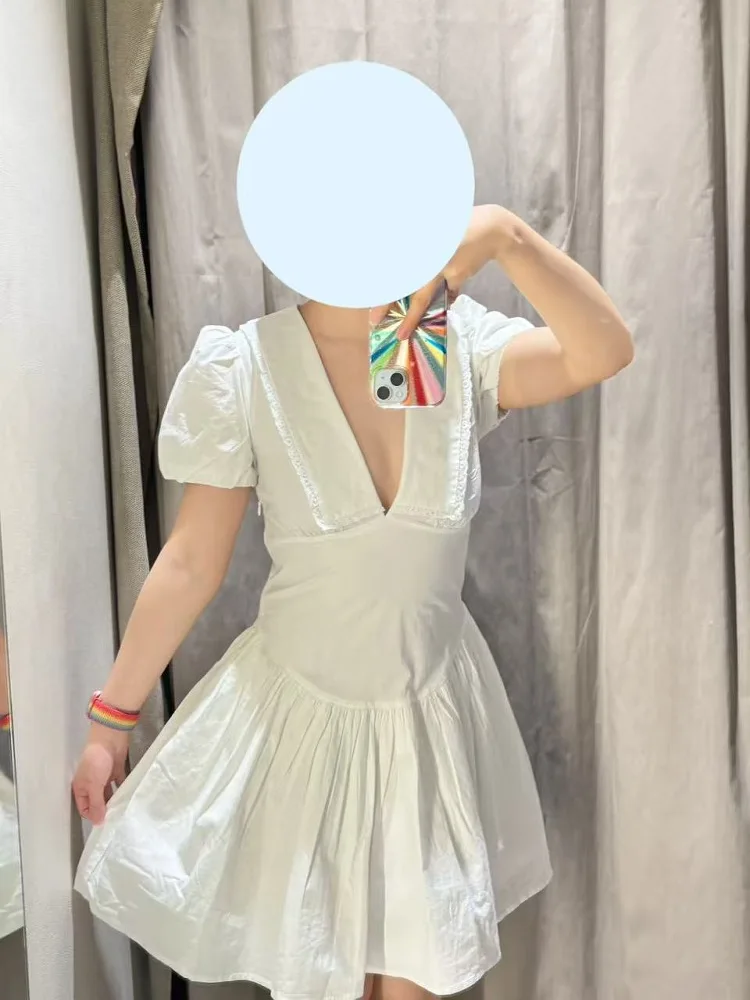 2025년 여름 신상 여성용 스위트 슬레 하이웨이스트 버블 스웨이드 코튼 거즈 드레스 브이넥 라운드 헴 A라인 스커트