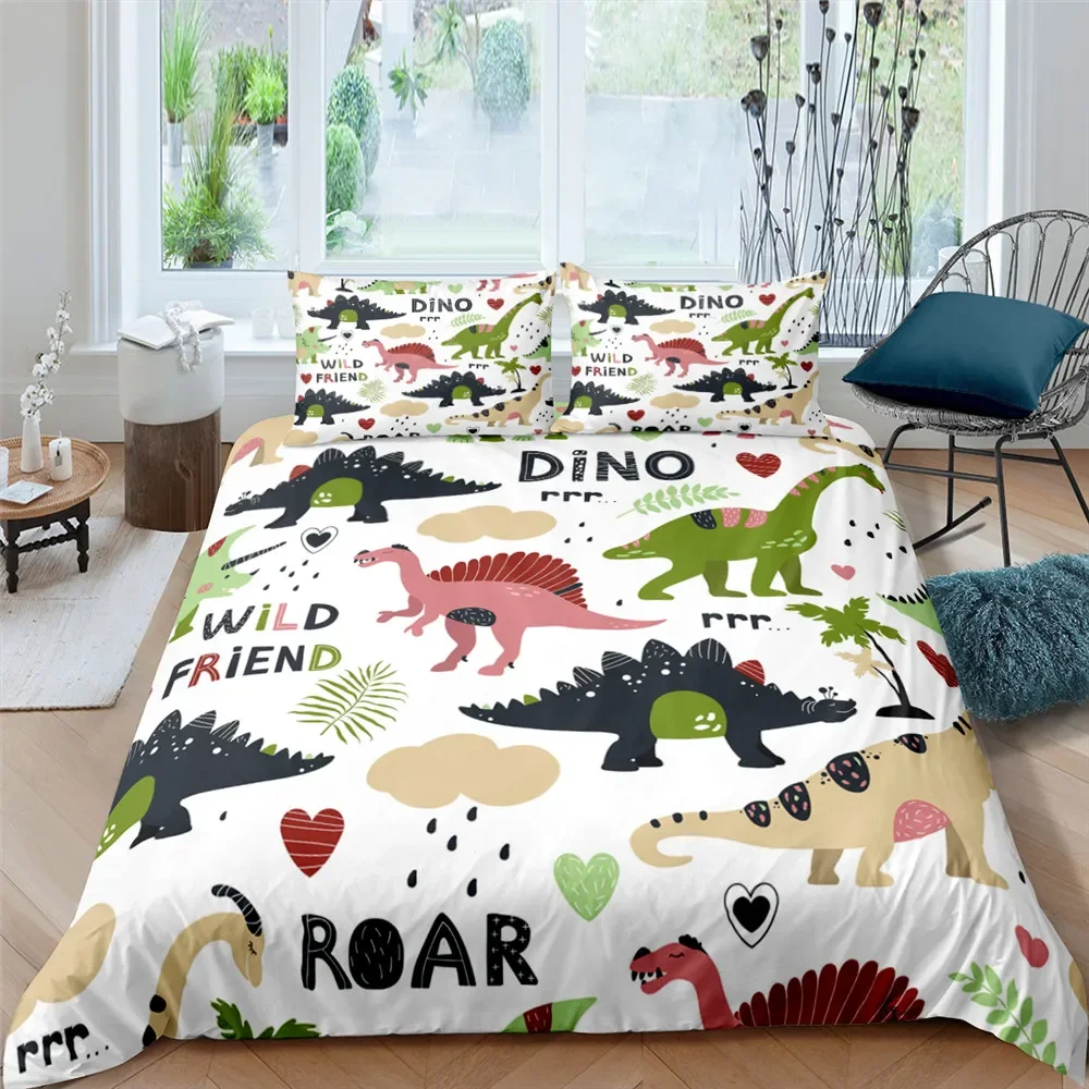 3D Small Dinosaur Cartoon Cute Simple Bedding Set Couple King Single Size for Kids Children Polyester Quilt Cover Pillow Case