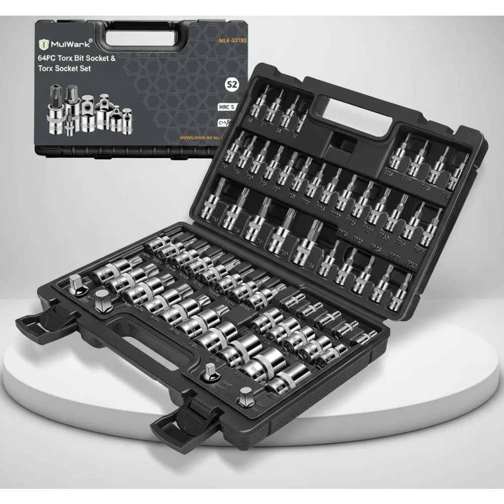

Набор торцевых головок Torx из 64 предметов с ударными адаптерами | Профессиональные автомобильные инструменты для механики | S2 & Cr-V Сталь