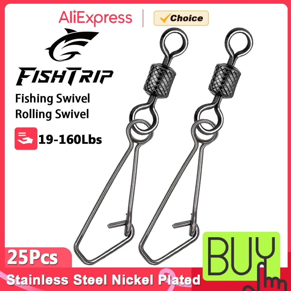 FishTrip 25 Stück Rollwirbel mit Haken und Karabiner, Angelwirbel aus Edelstahl, Angelverbinder