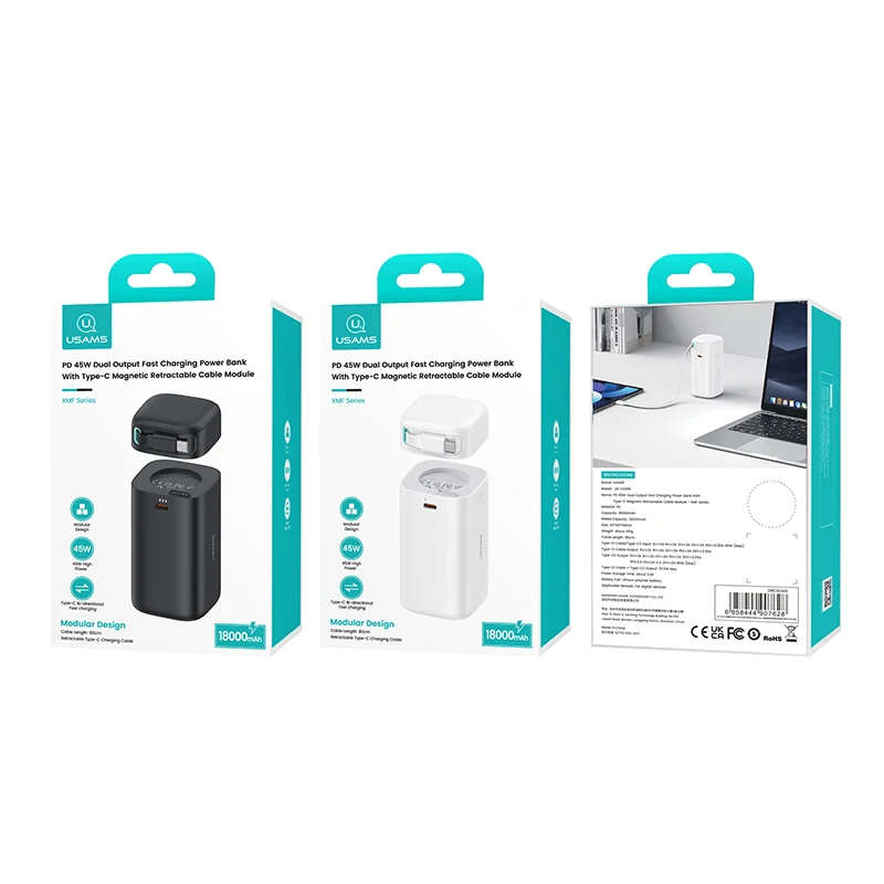 USAMS – chargeur Portable PD45W QC3.0, avec Module de câble rétractable magnétique de Type C, batterie externe