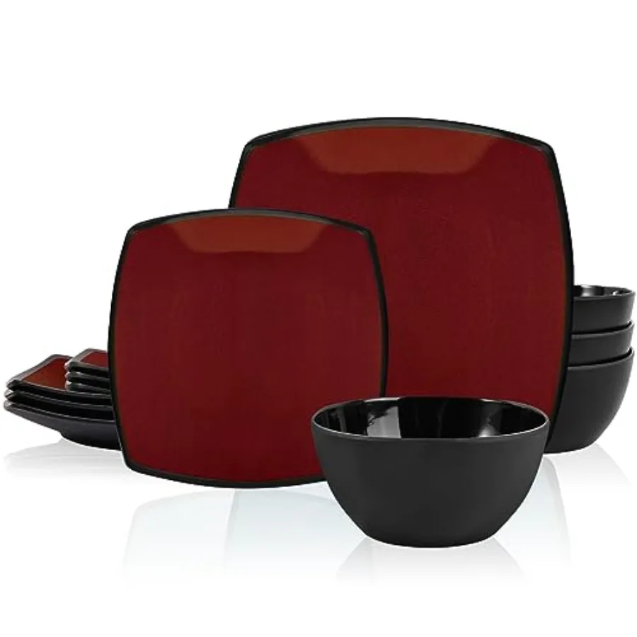 

Наборы квадратной меламиновой посуды из 12 предметов на 4 персоны: глубокие красные тарелки и миски для использования в помещении/на улице, для гриля, праздничных вечеринок