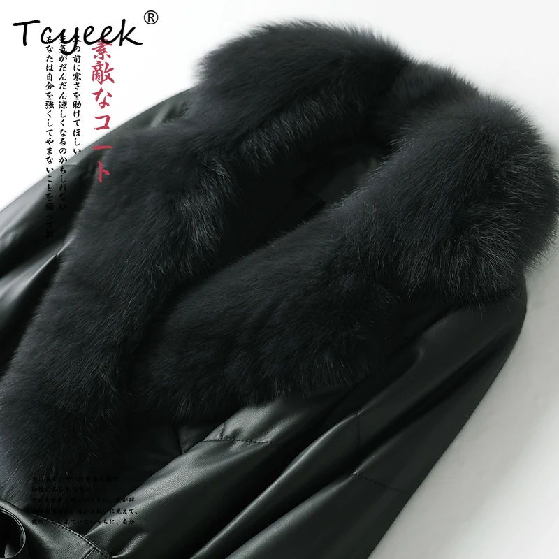 Tcyeek Top Layer Real Sheepskin Autumn Winter Fox Fur Collar V-neck Medium Length Women's Down Coat Casacas Para Mujer Invierno