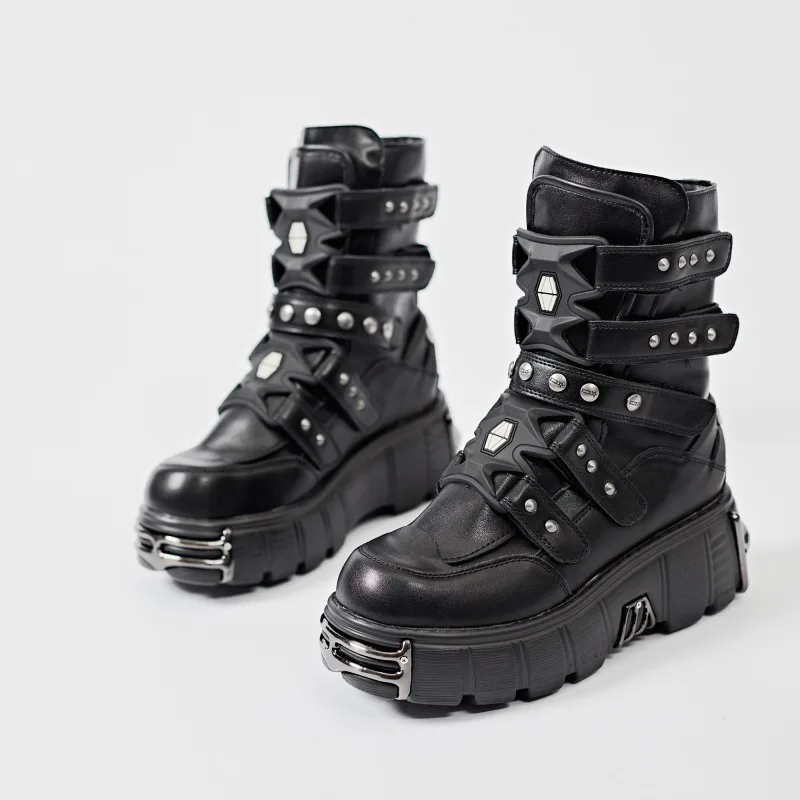 Customized styles do not support returns   Metal Decoration Punk Motorcycle Boots Height Increased Mid-calf/Knee-high Boots