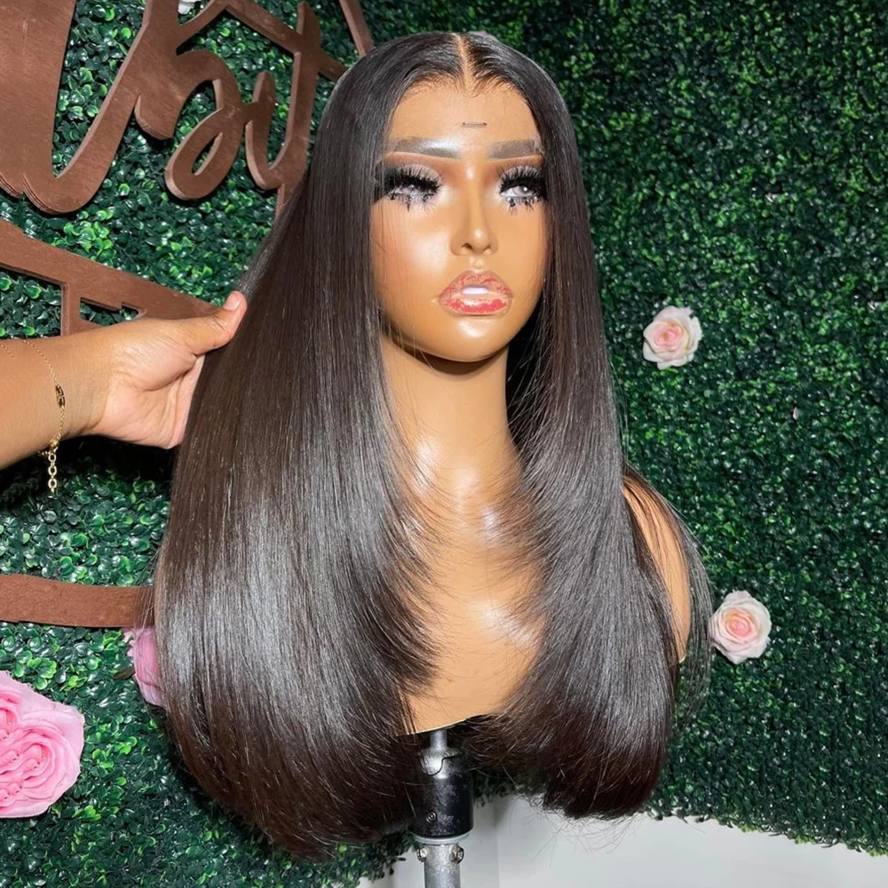 Dark Blue & Burgundy Layered Wig for Women 13x4 Lace Front Wig Long Silky Straight Synthetic Hair Natural Hairline Daily Wear