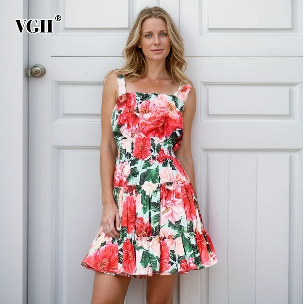 

VGH Printing Camisole Dresses For Women Square Collar Sleeve High Waist Patchwork Bowns Folds Mini Dress Female Summer Clothing