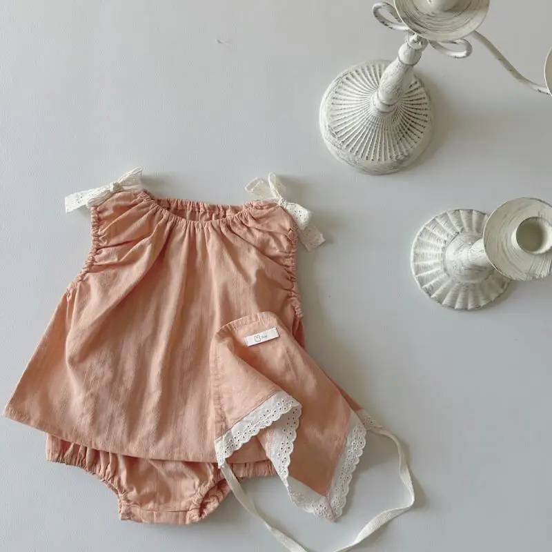 

2024 Baby Girl 3 Piece Set Sleeveless Bow Tops Fashion Shorts with Headband Newborn Girls Solid Sets Korean Boutique Clothing