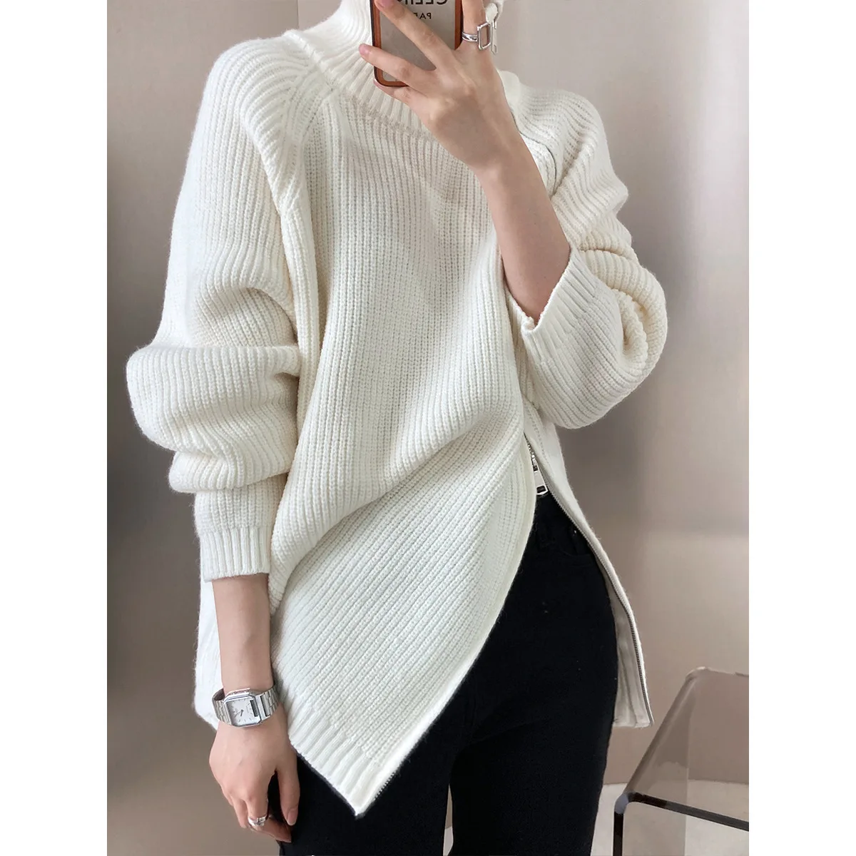 Zipper Turtleneck Jumpers Long Sleeve Sweater Gray Women Y2k 2023 Autumn Winter Sweaters Pullovers Loose Elegant Long Jumpers