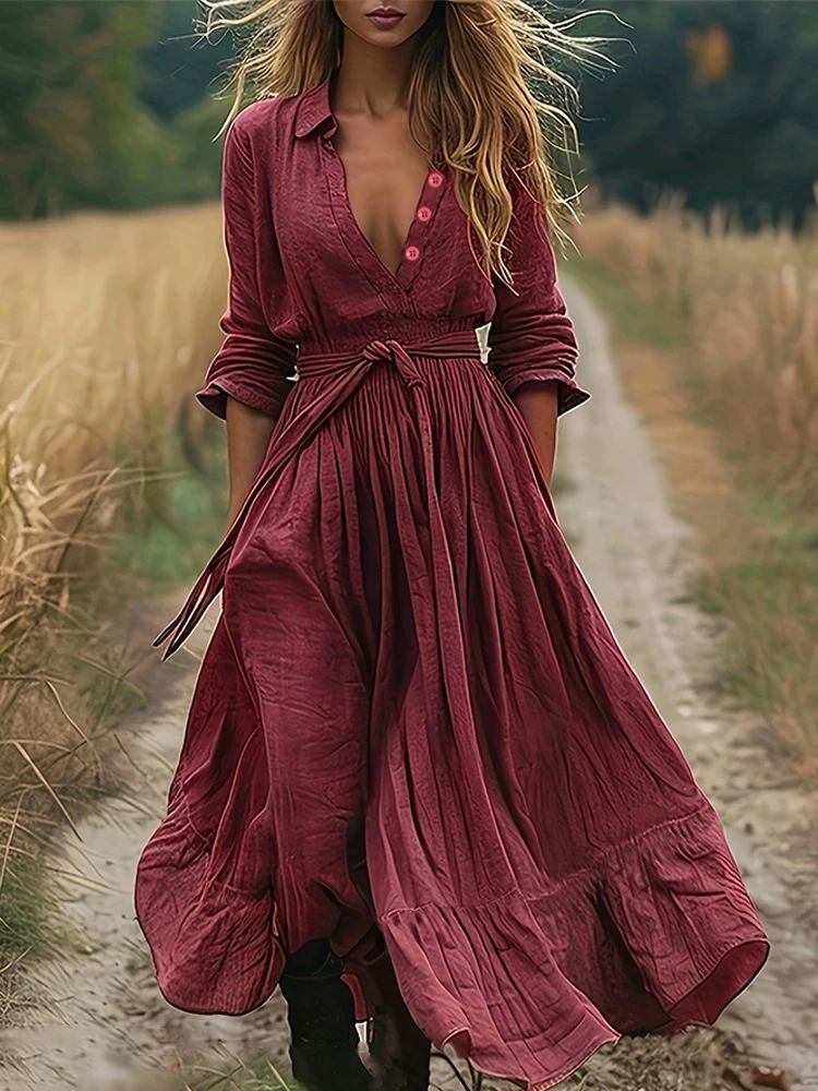 Vestido largo burdeos con escote en V profundo para mujer, a la moda, con cordón en la cintura, tejido texturizado, estilo informal bohemio vintage