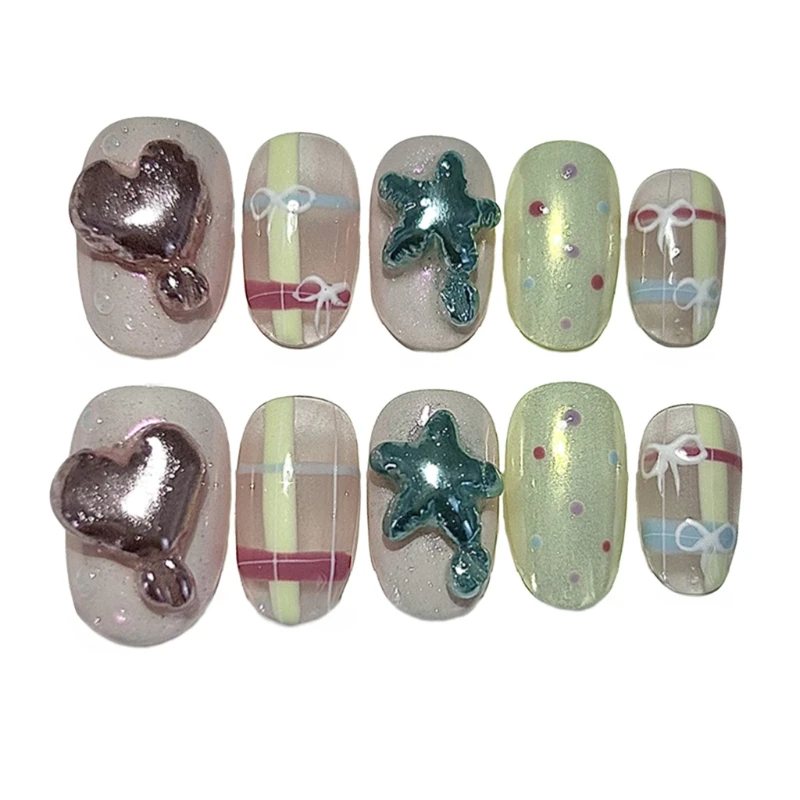 10 قطع الصيف حيوية الدوبامين اليدوية الصحافة على الأظافر بالون القلب ستار الحلو ولطيف الأظافر كاذبة القابلة للإزالة وقابلة لإعادة الاستخدام