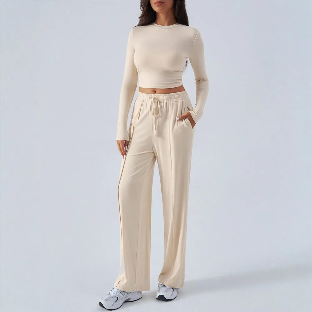 Traje de Otoño Invierno para mujer, pantalones informales de pierna ancha a la moda con cintura de Color sólido de encaje, estilo Simple holgado que combina con todo, cómodo