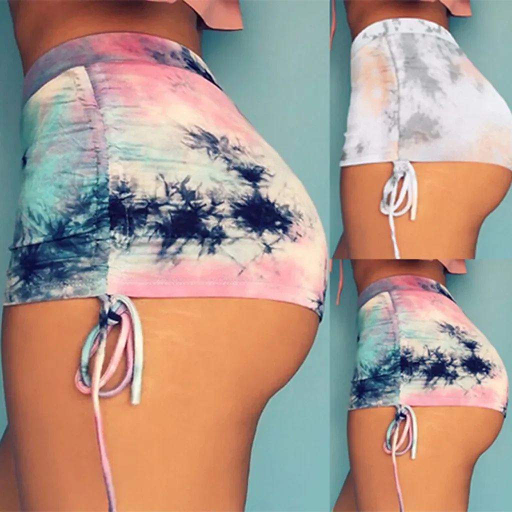 

Women Summer Short Pants Contrast Binding Side Split Elastic Waist Patchwork Casual Beach Micro Shorts Body Tie-dye Shorts