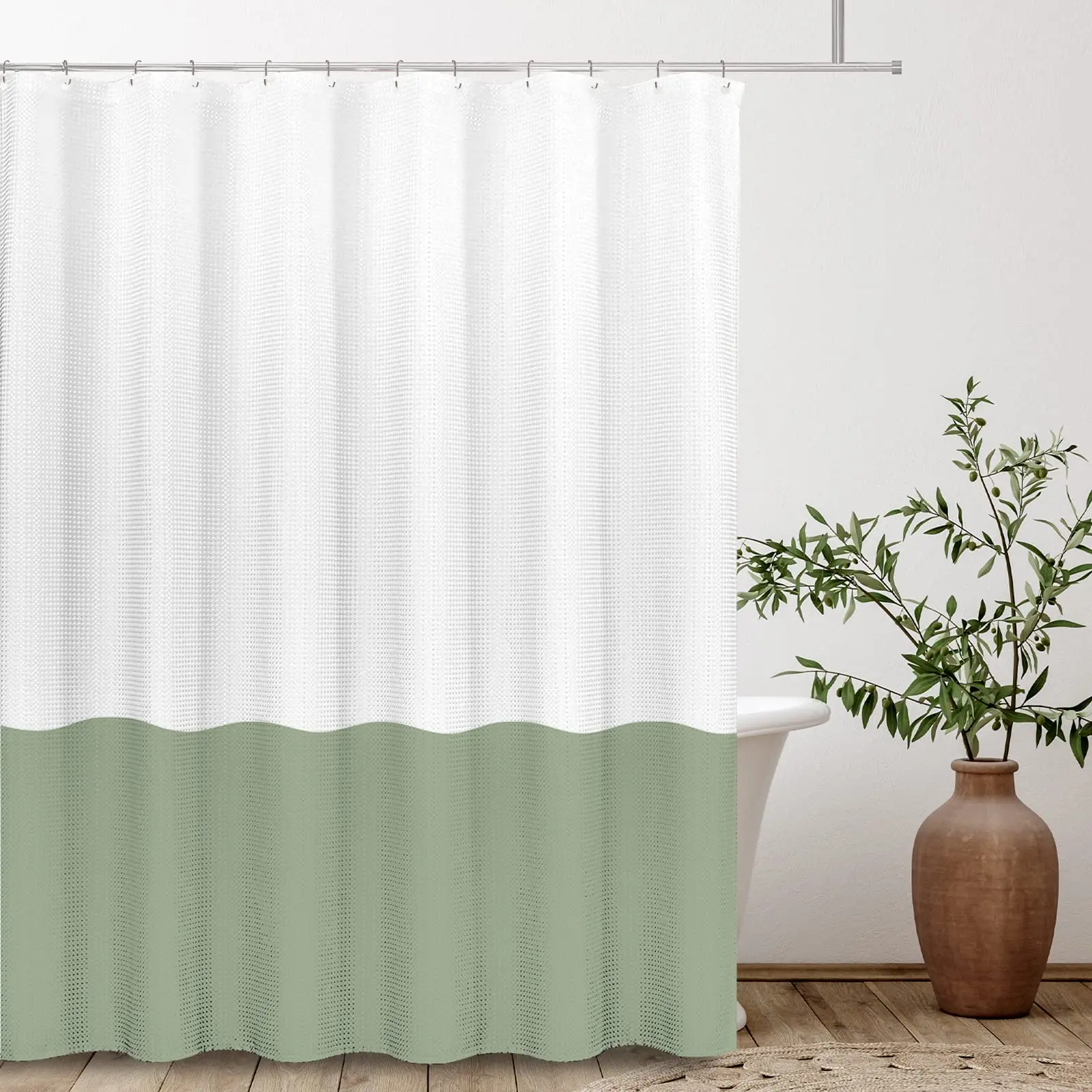 

White Sage Green 2 Color Splicing Shower Curtain, Texture Fabric Bathroom Decor Waterproof Fabric Shower Curtian Sets with Hooks
