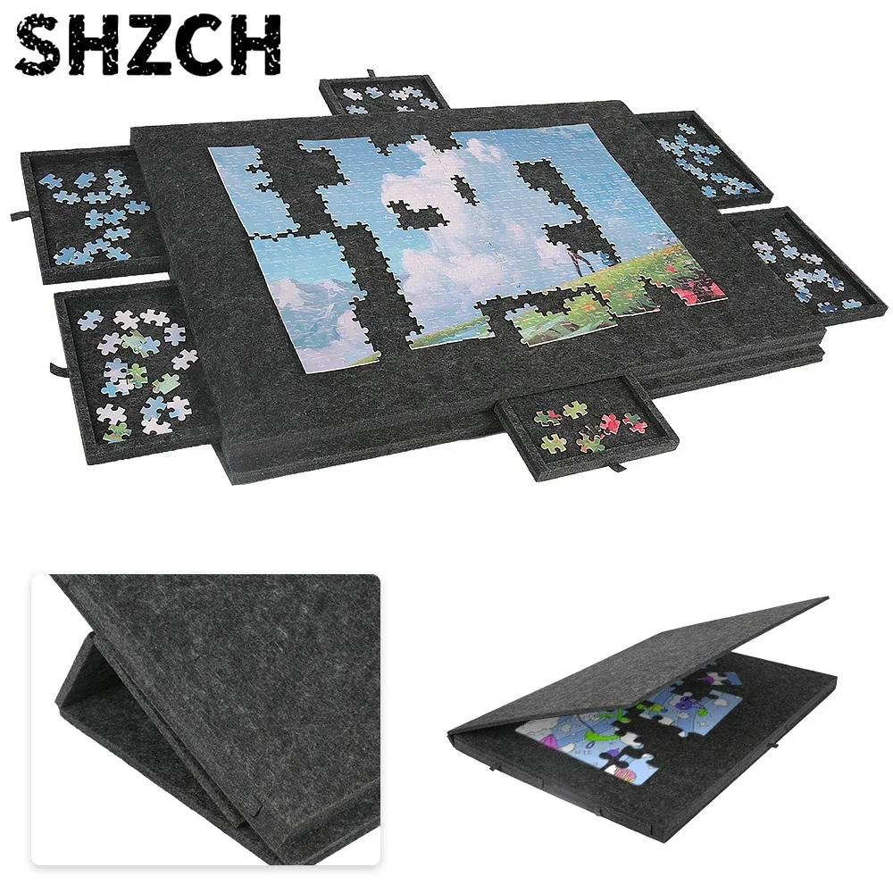 77x53.6x4.2cm Puzzle Board Foldable Non-Slip Inclined Thickened Storage Plate 2 in 1 Stand and Protective Case 6 Sorting Drawers