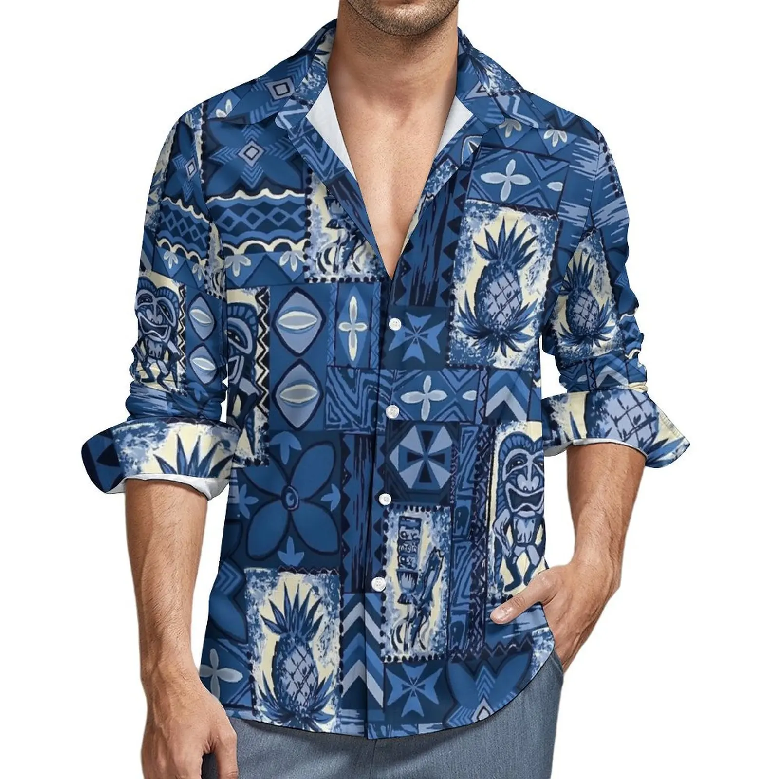 Tiki Hawaiian Vintage Tapa Casual Shirt Männer Streetwear Shirt Herbst Lose Blusen Langarm Design Übergroßen Top