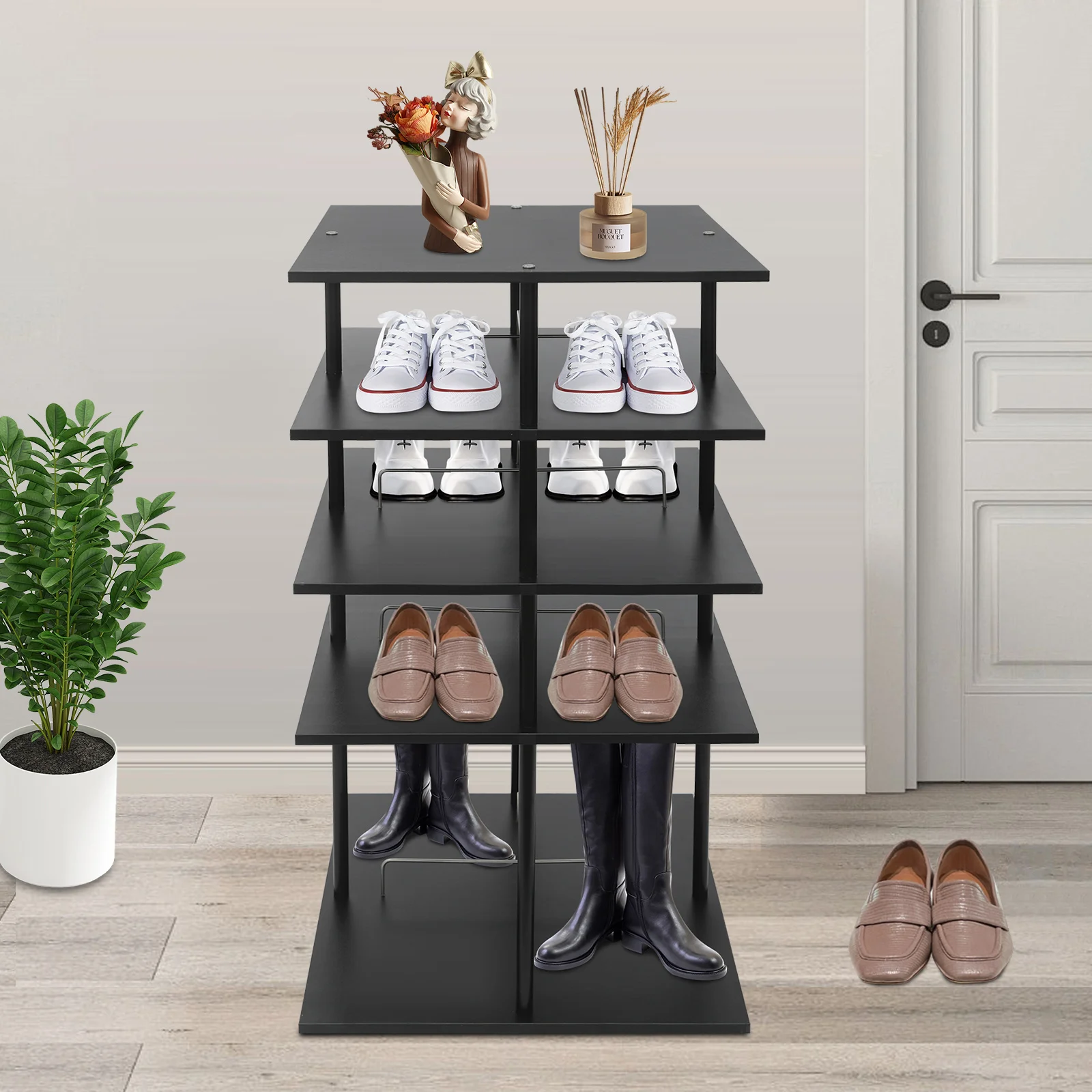 

4-Tier Rotating Shoe Rack Space-Saving Shoe Organizer with 360° Swivel Base Modern Floor Stand for Home & Closet Storage
