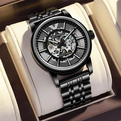 MG.ORKINA Men Watch Analog Automatic Mechanical Skeleton Transparent Dial Luxury Stainless Steel Fashion Male Clock Gift for Him