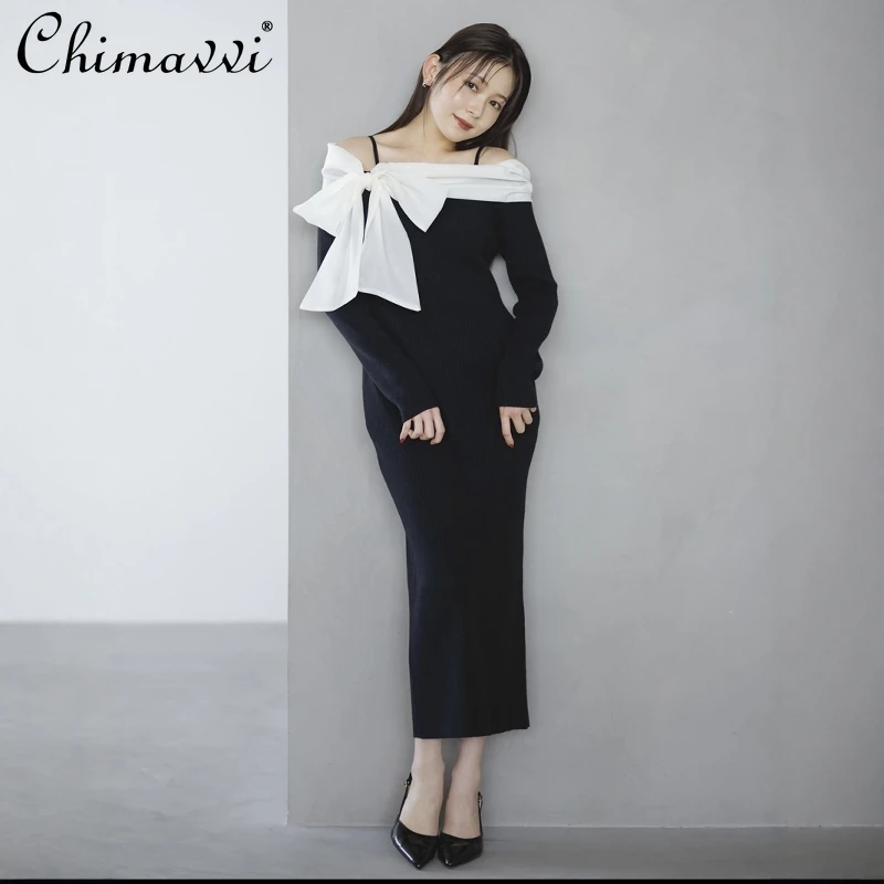 New Japanese Sweet Ribbon Bow Slim Knitted Dress Autumn and Winter Ladies Off Shoulder Long Sleeve Elegant Fairy Sweater Dress