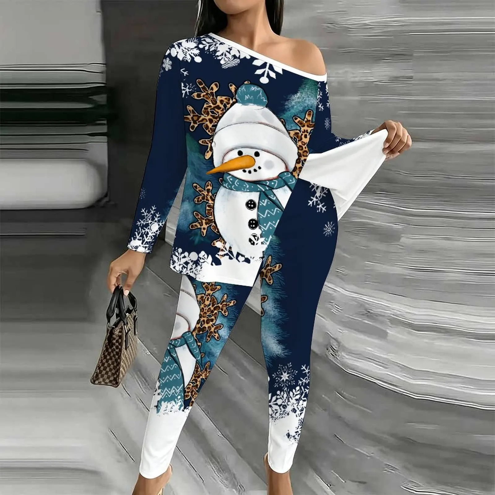 Off Shoulder T-shirt Winter Women's Diagonal Collar Long Sleeved Christmas Jogging Pants Autumn Printed Two-piece Set