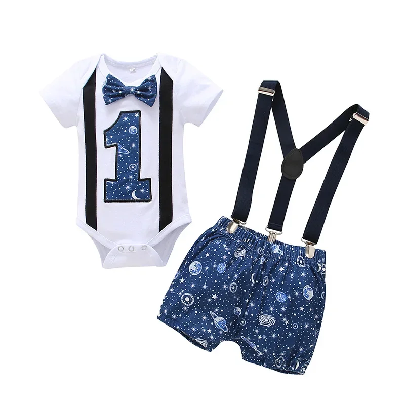 1 Year Baby Boys Clothes Infant Baby Boy Cartoon Dot Print Romper Suspender Shorts Birthday Toddler Photography Outfits