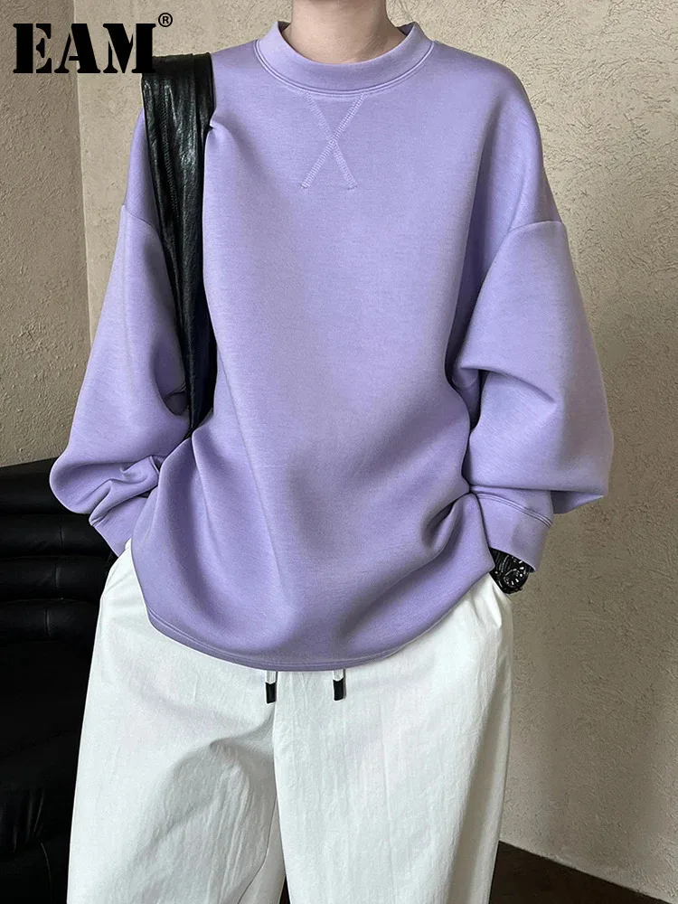 [EAM] Purple Brief Casual Plain Sweatshirt New Round Neck Long Sleeve Women Big Size Fashion Tide Spring Autumn 2023 1DH7027