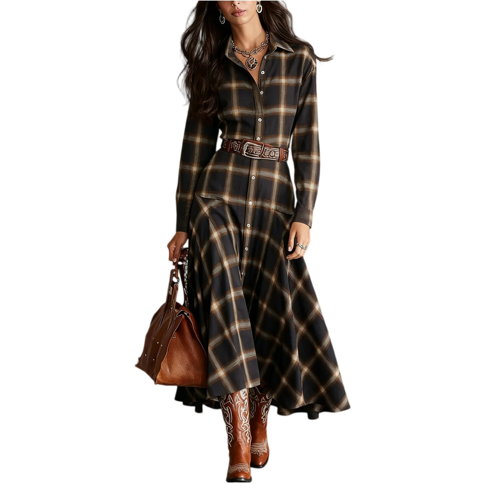 Women Vintage Plaid Shirt Dress Long Sleeve Elegant Temperament Maxi Dress Ladies Chic Casual Western Style Party Dress