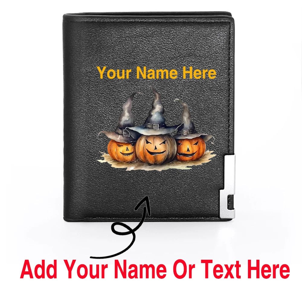 Personalized Halloween Pumpkin Customized Your Name Or Text PU Short Wallet, Funny Men's Card Holder Your Own Design Purse