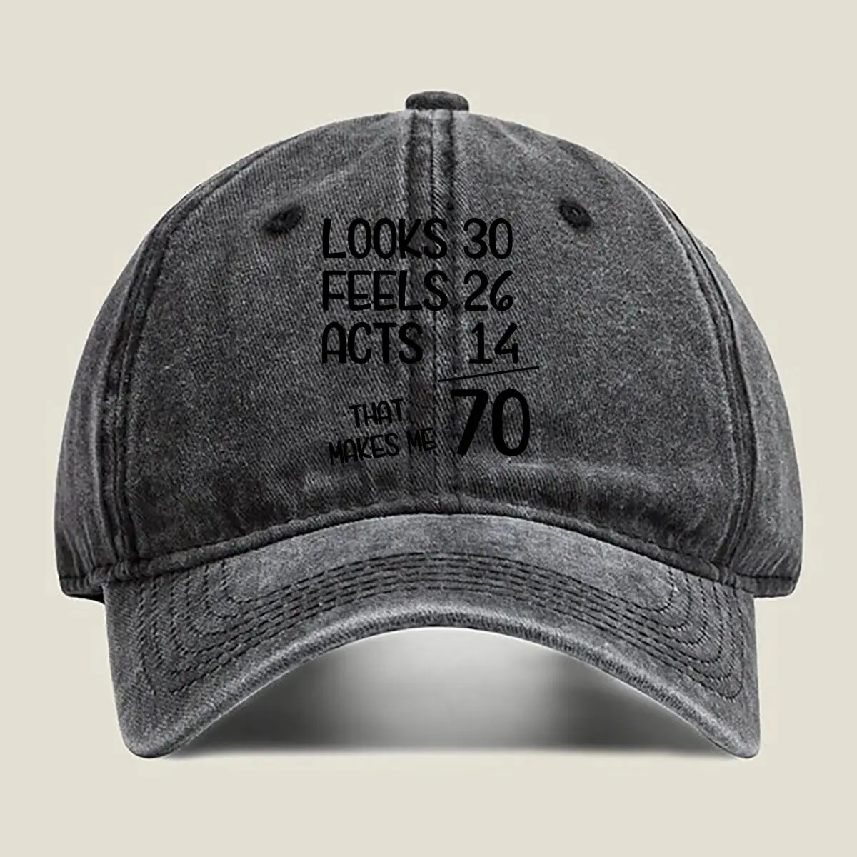 

Looks 30 Feels - Humorous, Text - Based, Bold, Minimalist, Age - Related Design Washed Baseball Cap