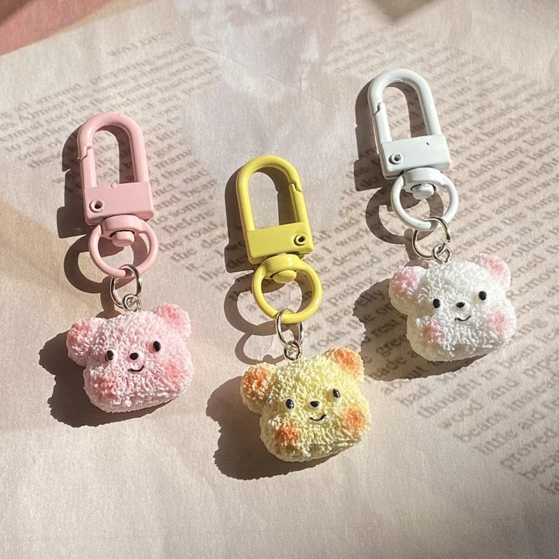 Resin Cute Imitation Plush Bear Keychains Keyring For Friend Cartoon 3D Blush Animal Head Pendant Bag Box Headphone Case Jewelry