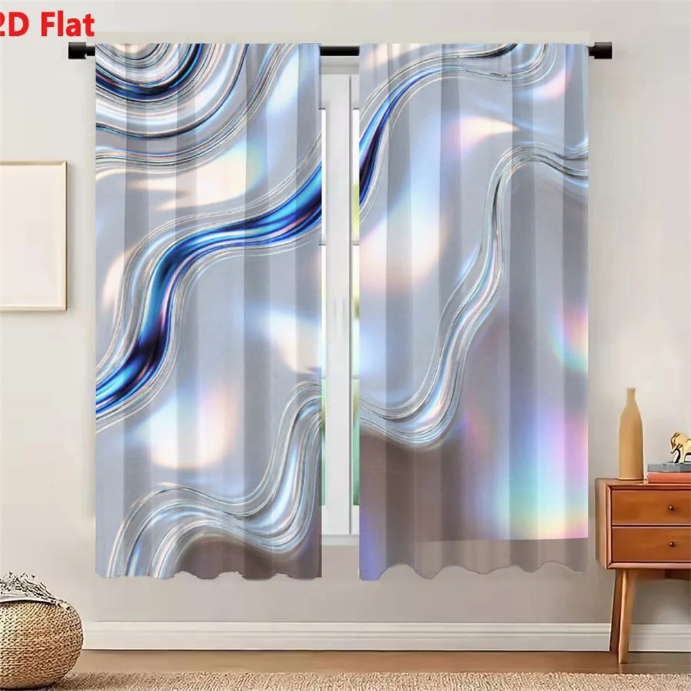 2Pcs Curtains 2D Flat Abstract Fluid Design Wavy Translucent Iridescent Shapes With Blue Silver And Rainbow Hues Soft Muted Grad