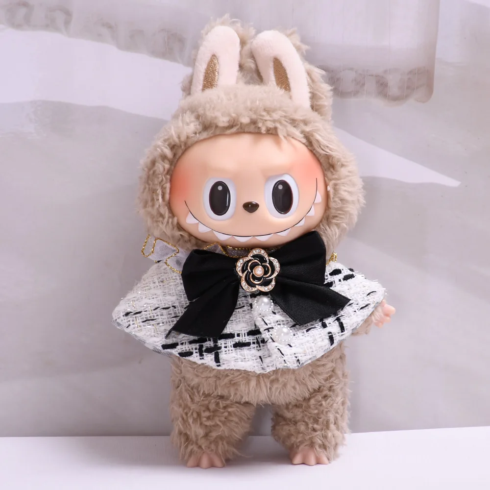 17cm Labubu Dolls Clothing Cute Mini Plush Doll's Clothes Outfit Accessories For The Monster Black White Camellia Shawl ES19A