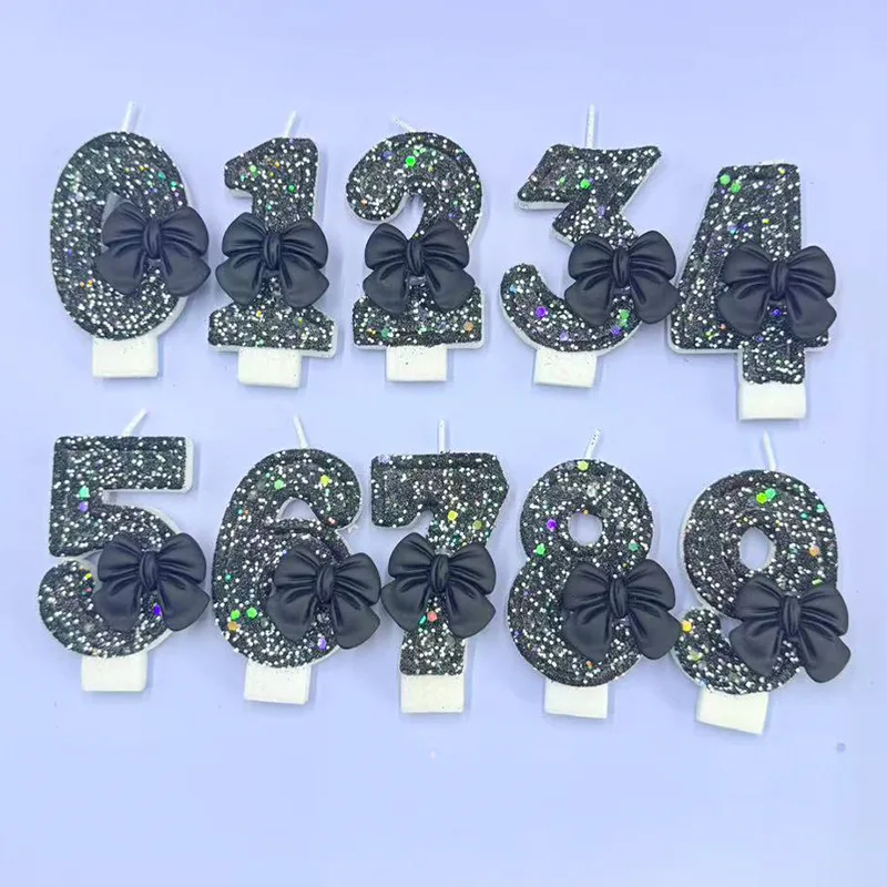 Black bowknot black-colored decorative birthday number candles, birthday commemorative candles, party small gifts