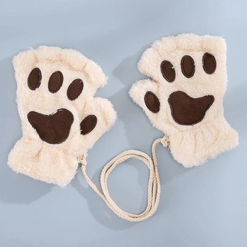 Rimiut Cartoon Cat Claw Gloves for Women Girls Thickened Plush Lovely Style Bear Paw Exposed Fingers Half Finger Winter Gloves