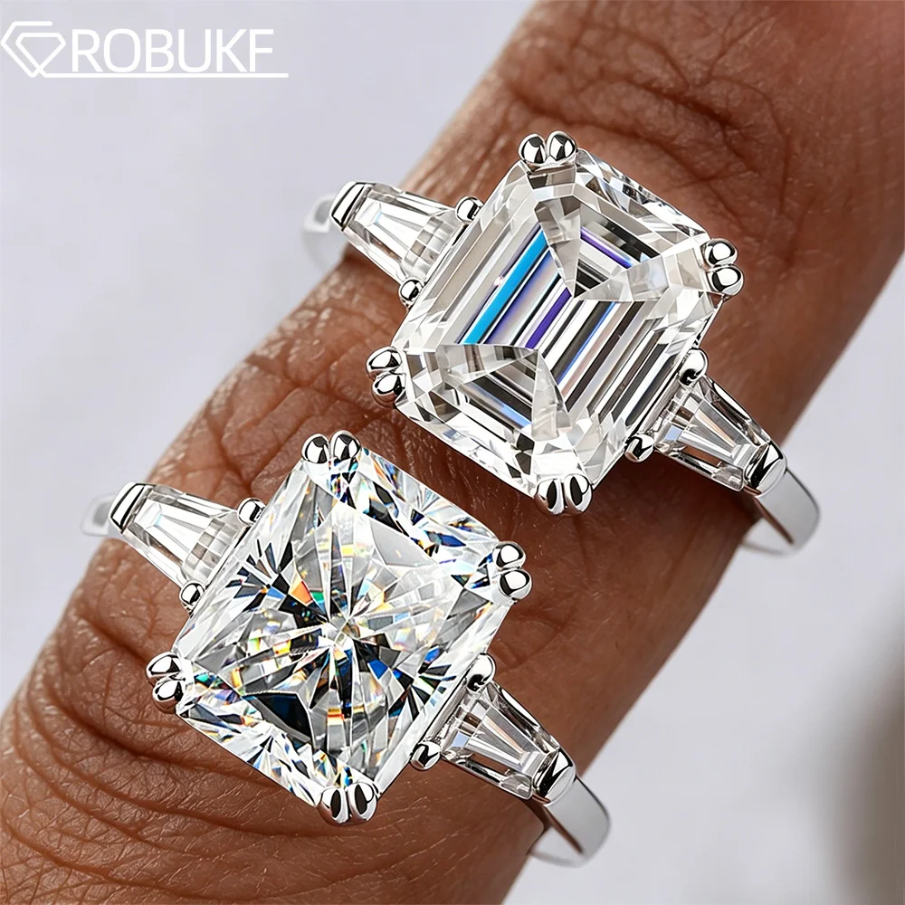 4Carat Emerald/Radiant Cut Full Moissanite Rings for Women Sides Trapezoid Cut Diamond 925 Sterling Silver Wedding Band Jewelry