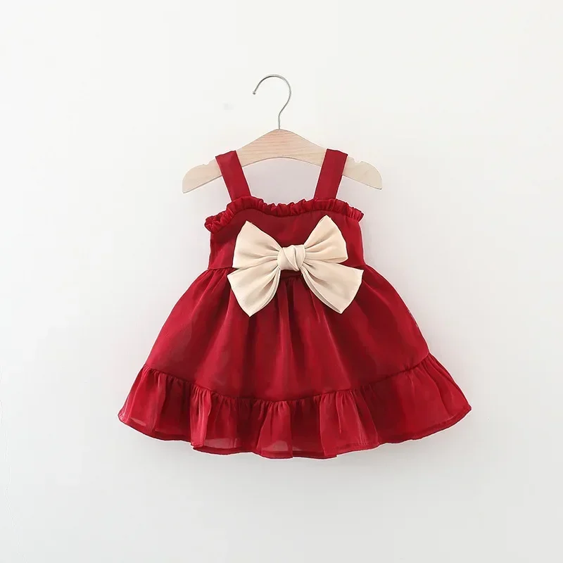 (Girls 0-3 Years Old) New Summer Girls Dress with Lace Bow Ribbon A-Line Dress Birthday Party Dress Solid Color Sweet Princess