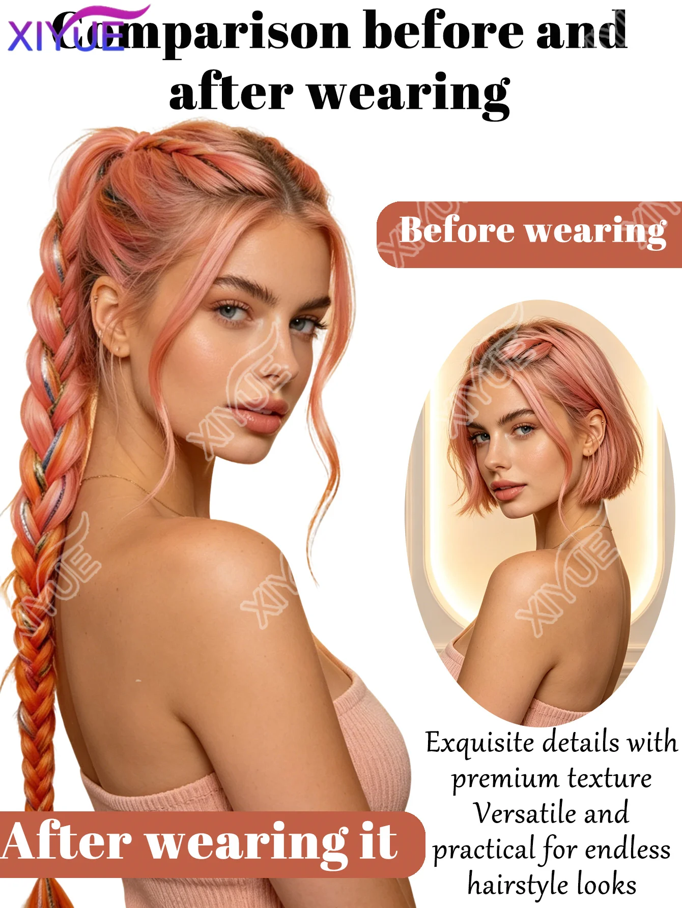 XIYUE Synthetic Braided Ponytail Exytensions 22inch colorful Braid Long Braided with Elastic Rubber Band for Women Daily/Party
