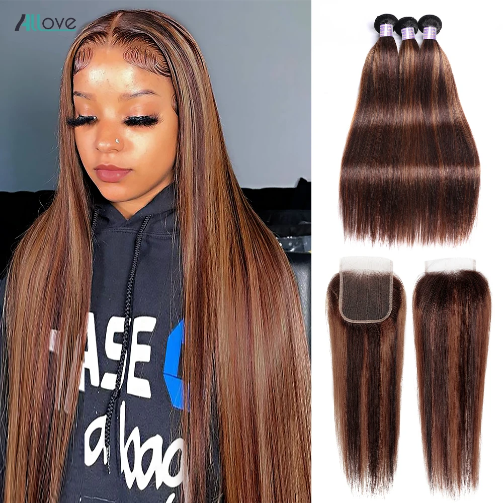 FB 30 Brown Highlight Straight Bundles With Closure Bundles With 5x5 4x4 Lace Closure Brazilian 1b 4 30 Human Hair Extensions