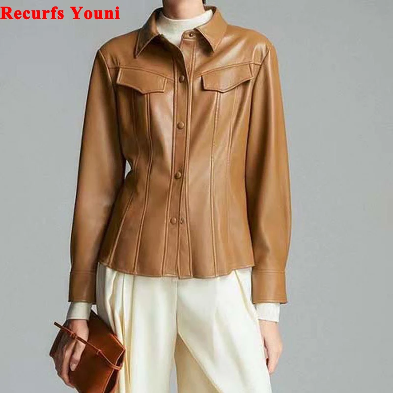 

Leather Blouses For Women Ladies New Design Shirt Natural Sheepskin Slim Waist Casual Coat Feminino Camel Black Camisas de Mujer