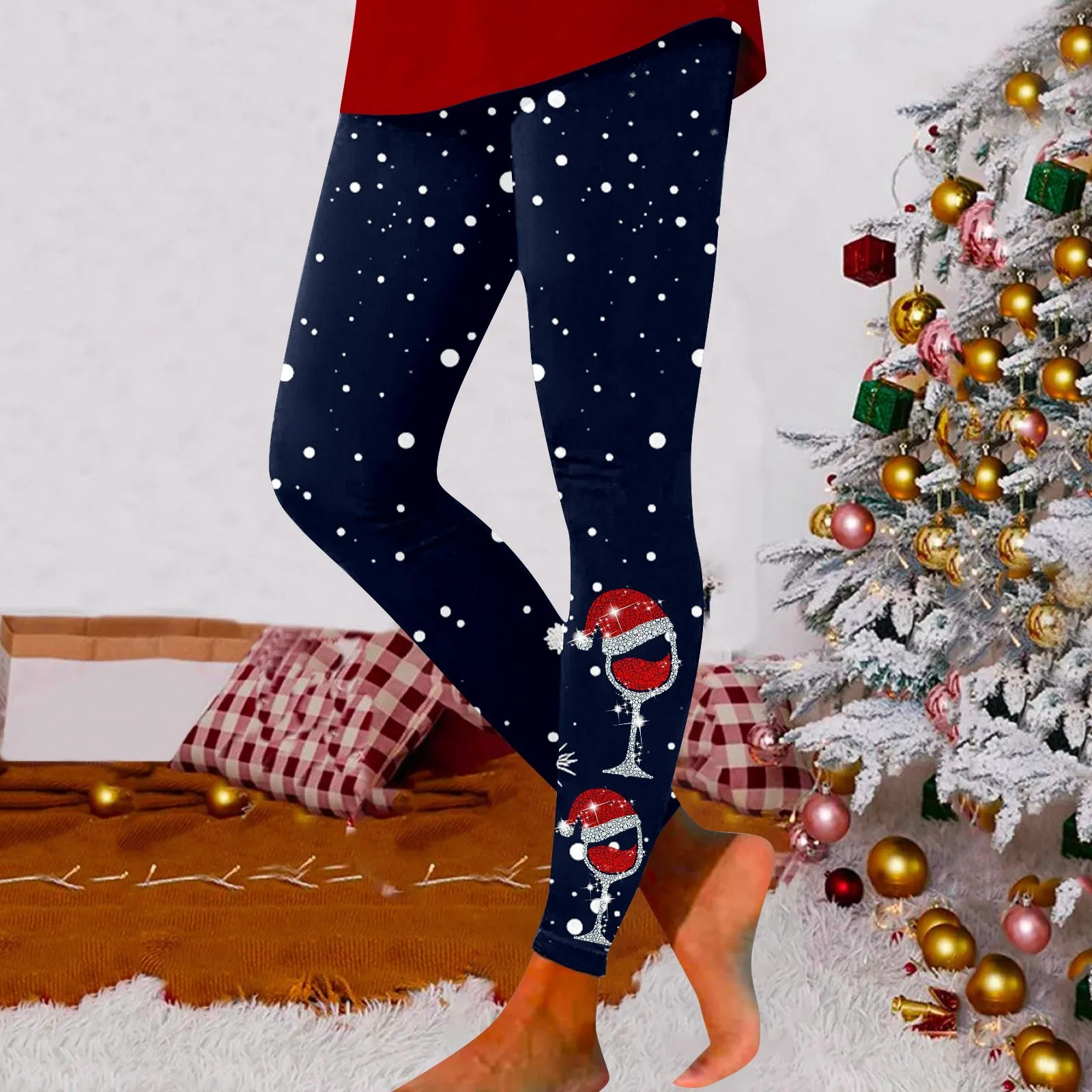 Christmas Wine Glass Print Leggings Women's Fashion Casual Leggings Fall And Winter Long Yoga Pants Slim-Fit Thermal Pants